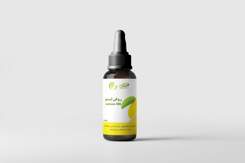 روغن گیاهی لیمو در ظرف قطره چکان شیشه ای قهوه ای