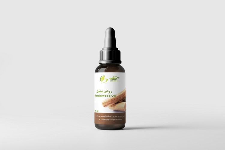 روغن گیاهی صندل در ظرف قطره چکان شیشه ای قهوه ای