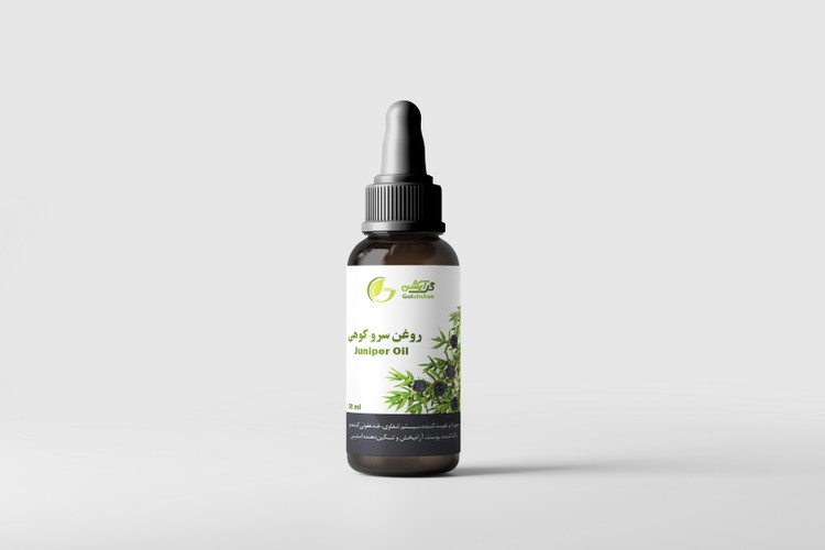 روغن گیاهی سرو کوهی در ظرف قطره چکان شیشه ای قهوه ای