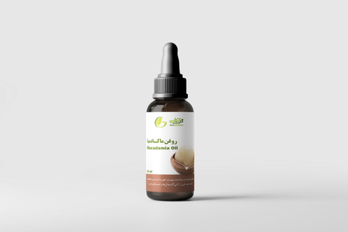 روغن گیاهی ماکادمیا در ظرف قطره چکان شیشه ای قهوه ای