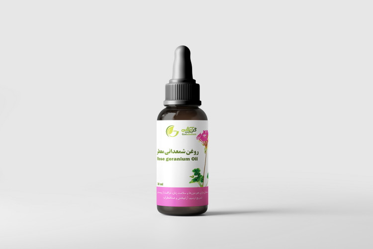 روغن شمعدانی معطر در ظرف قطره چکان شیشه ای قهوه ای